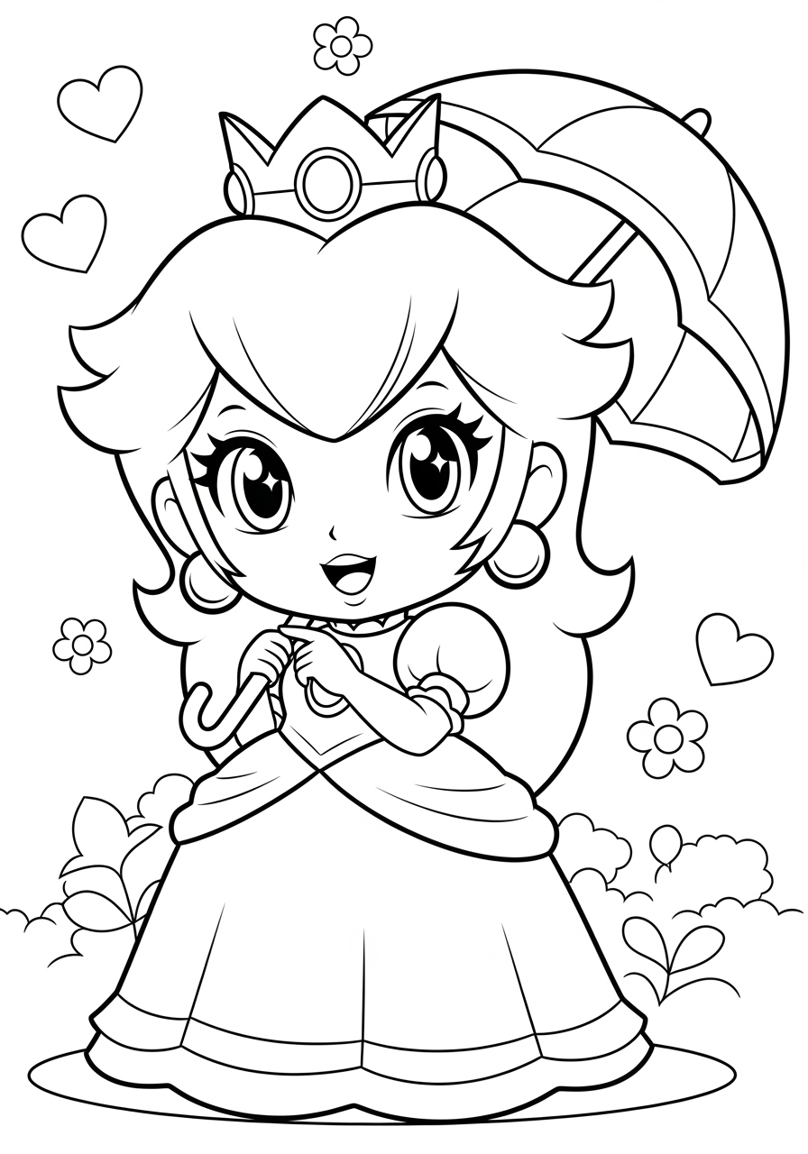 Desenho da Princesa Peach segurando um guarda-chuva para colorir