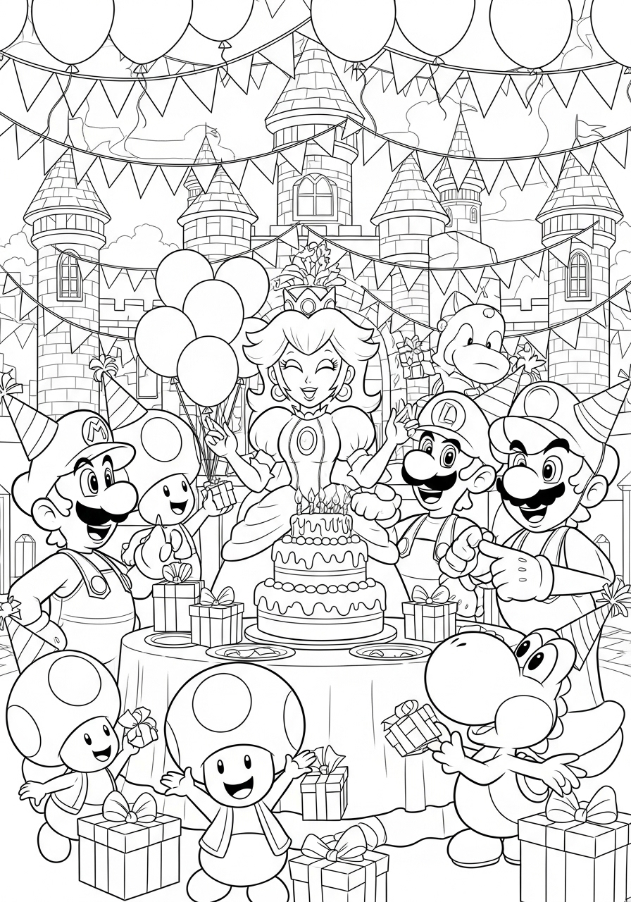 Desenho da Princesa Peach comemorando seu aniversário