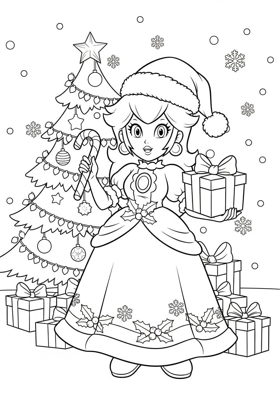 Desenho da Princesa Peach com presentes e árvore de Natal