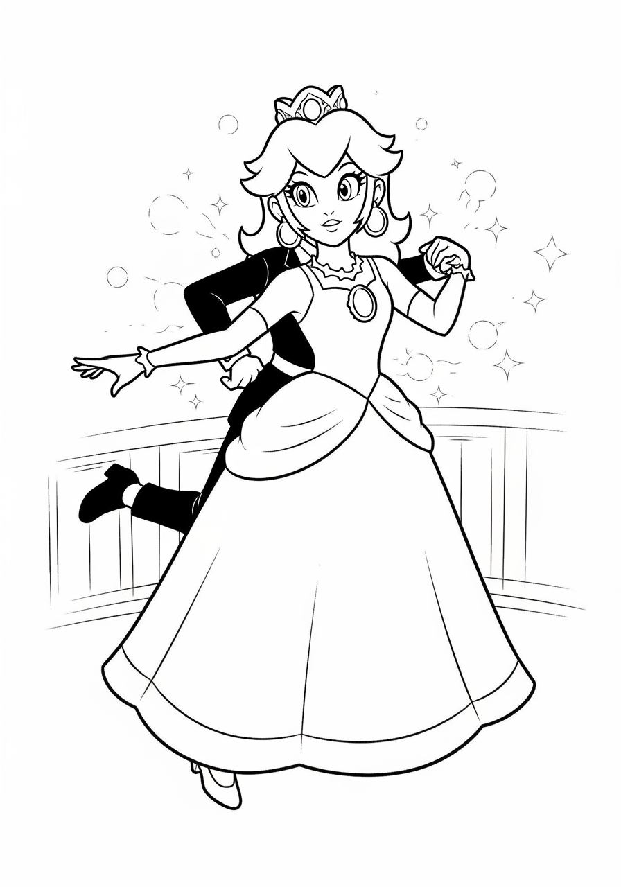 Desenho da Princesa Peach dançando em um baile para colorir