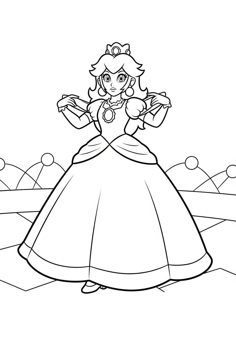 Desenho da Princesa Peach em vestido longo para colorir