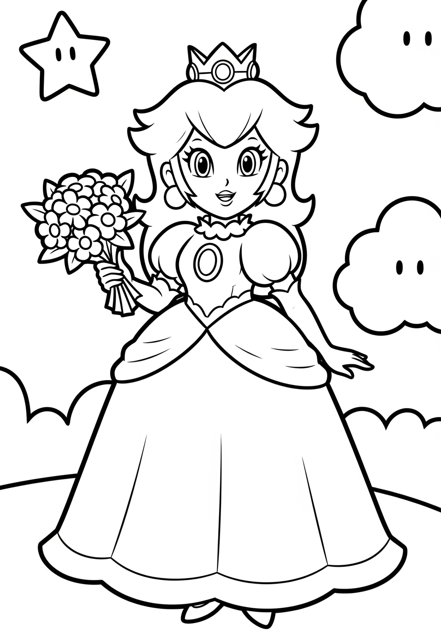 Desenho da Princesa Peach segurando flores para colorir
