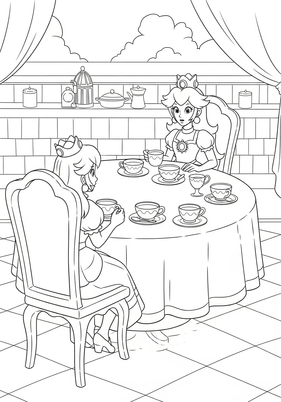 Desenho da Princesa Peach tomando chá com outra princesa