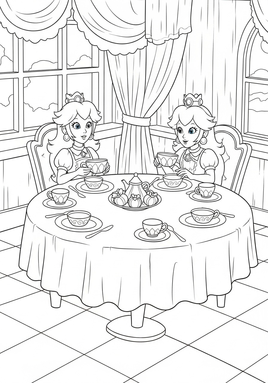 Desenho da Princesa Peach em um chá para colorir