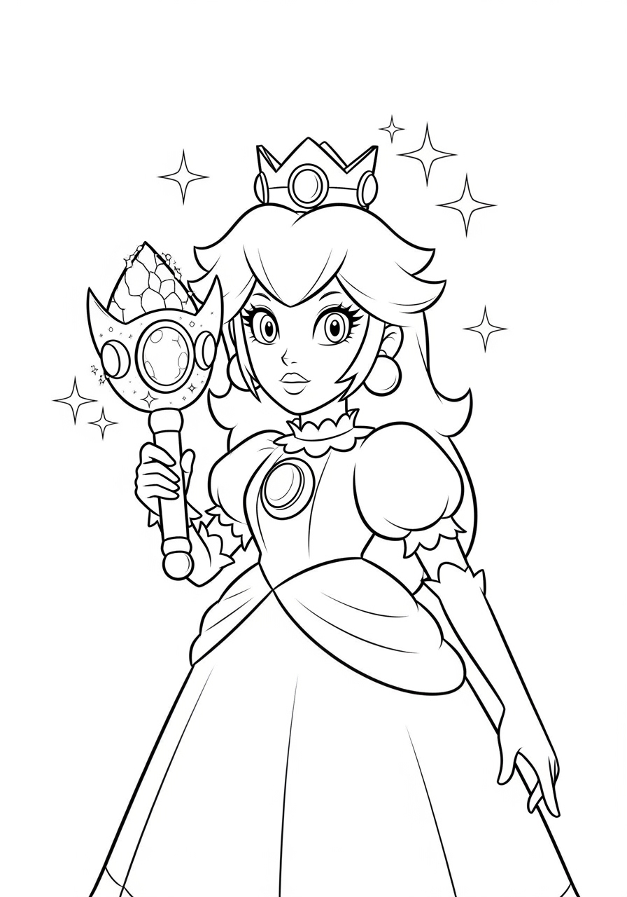 Desenho da Princesa Peach segurando um cetro para colorir