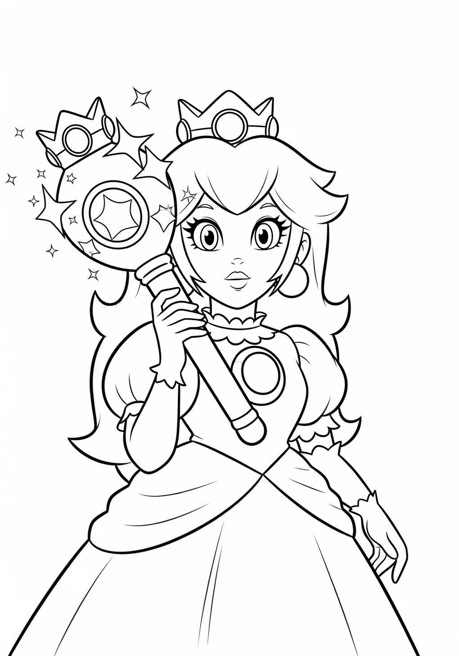 Desenho da Princesa Peach segurando um cetro brilhante para colorir