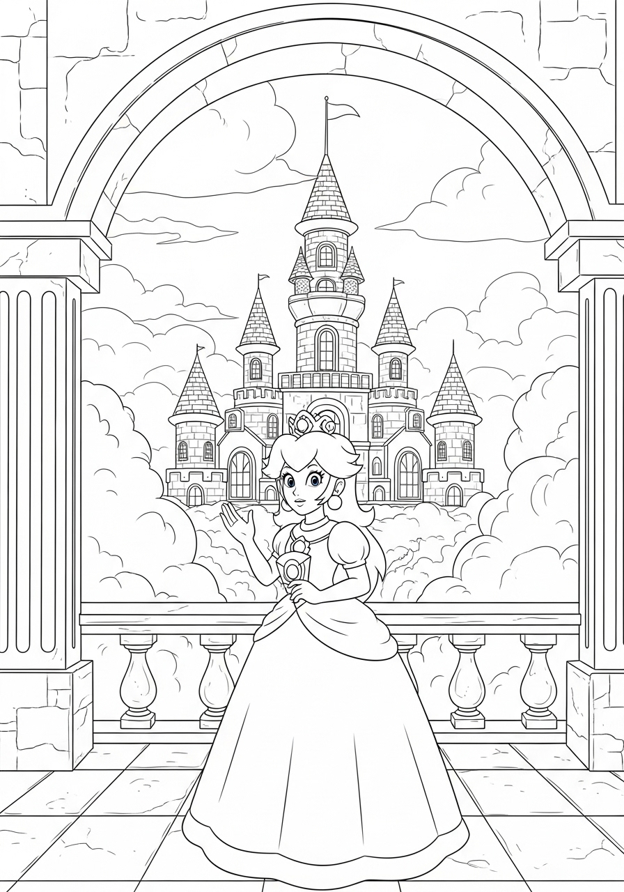 Desenho da Princesa Peach na varanda do castelo para colorir