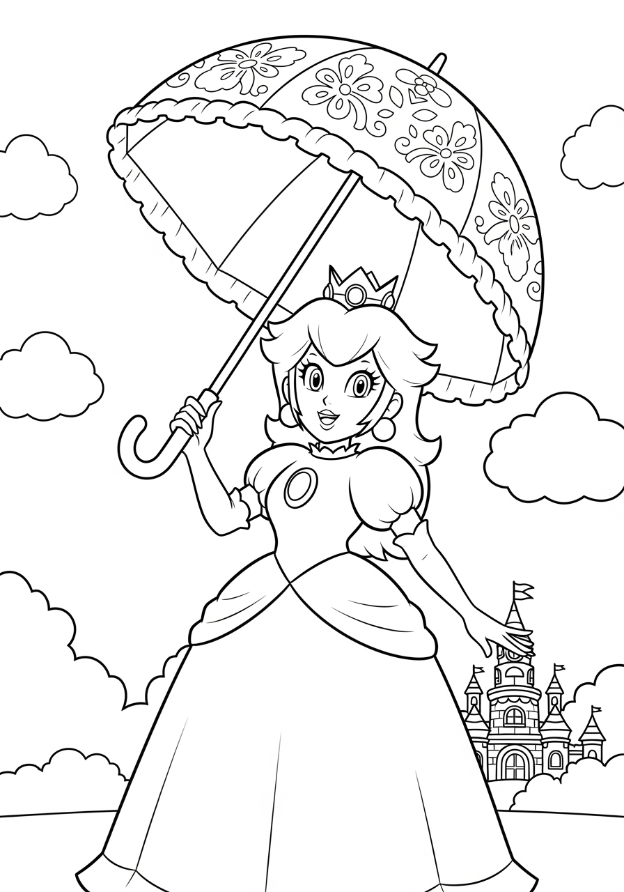 Desenho da Princesa Peach com guarda-chuva para colorir