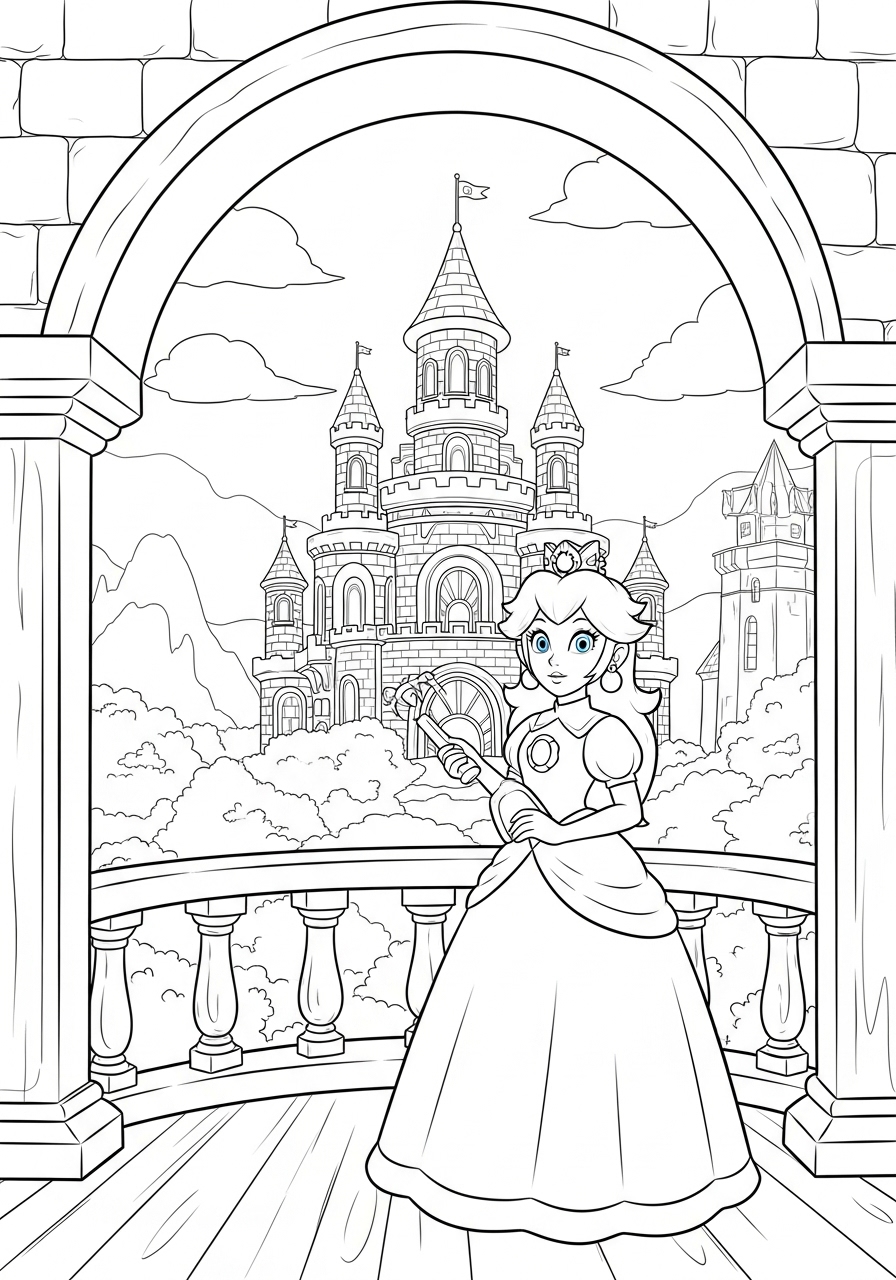 Desenho da Princesa Peach em frente ao castelo para colorir