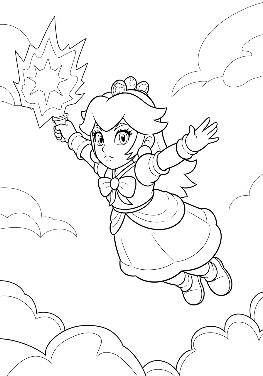 Desenho da Princesa Peach voando com um cajado para colorir