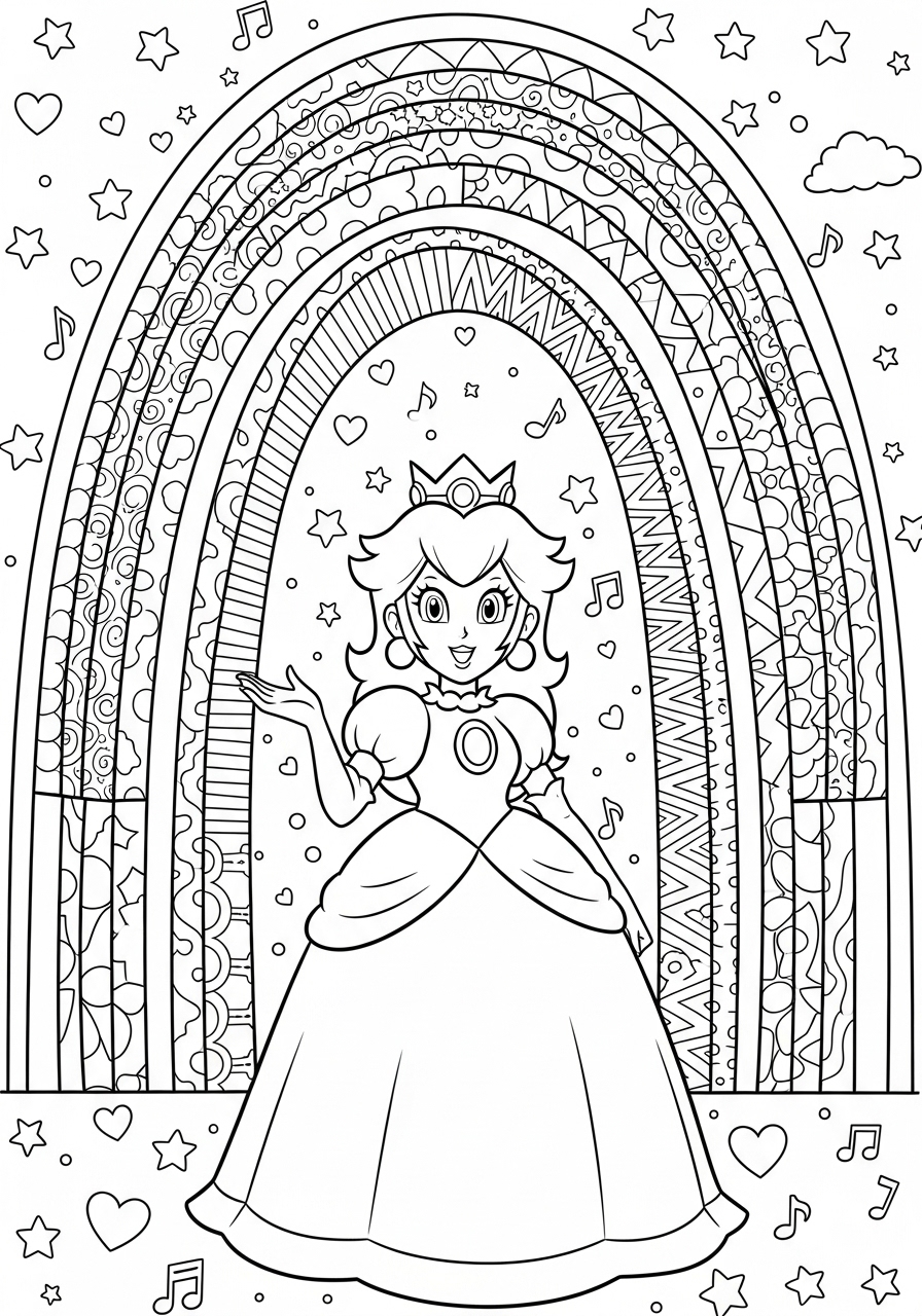 Desenho da Princesa Peach em arco-íris para colorir