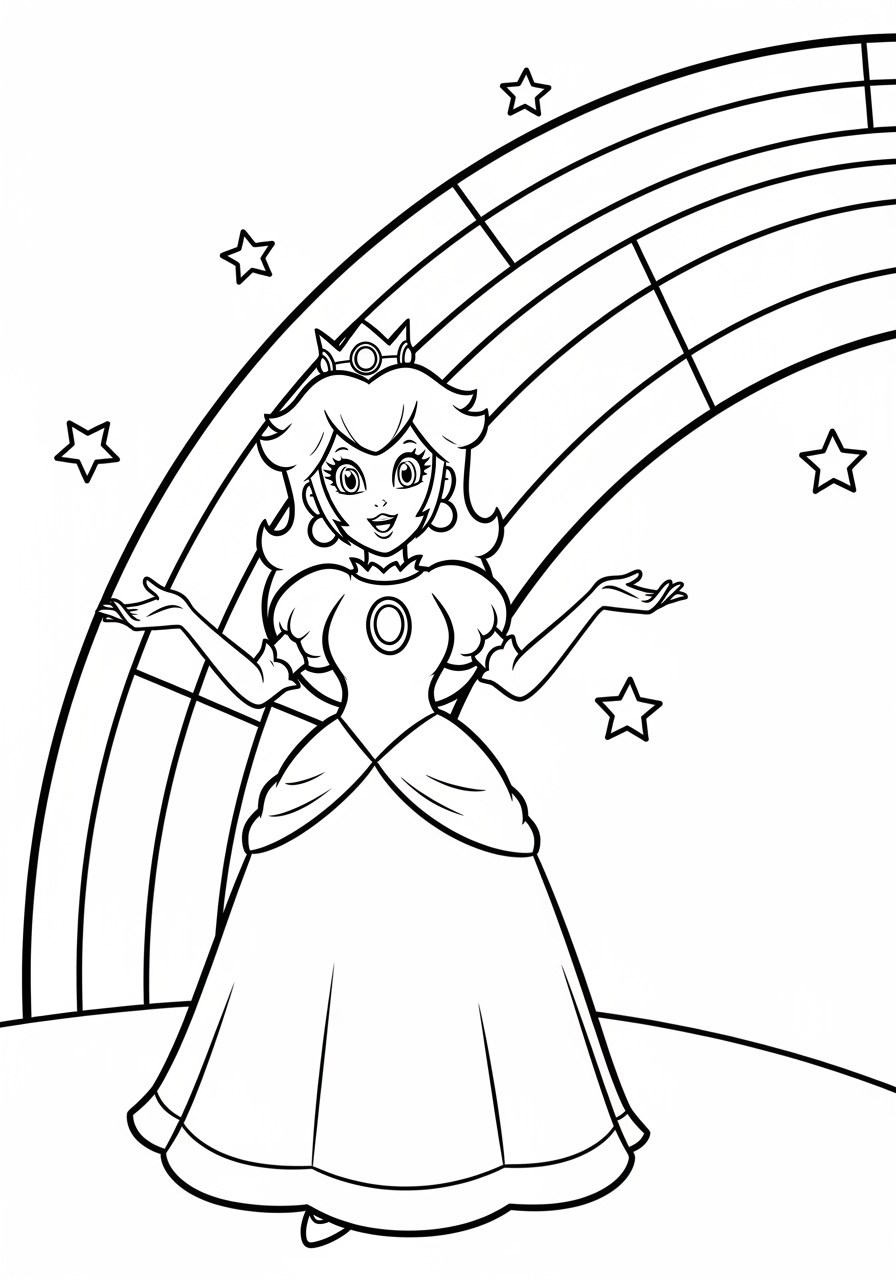 Desenho da Princesa Peach com arco-íris e estrelas para colorir