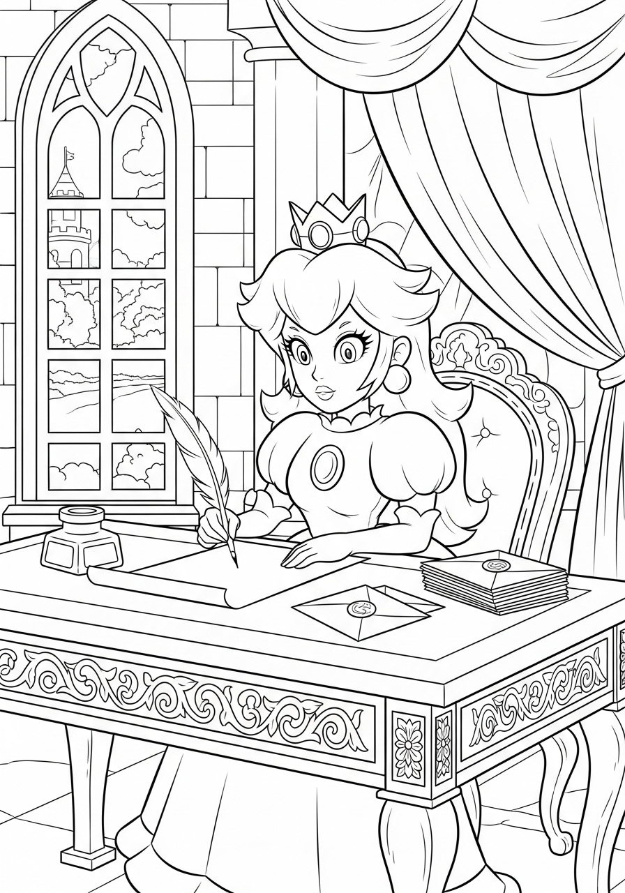 Desenho da Princesa Peach escrevendo em uma mesa para colorir