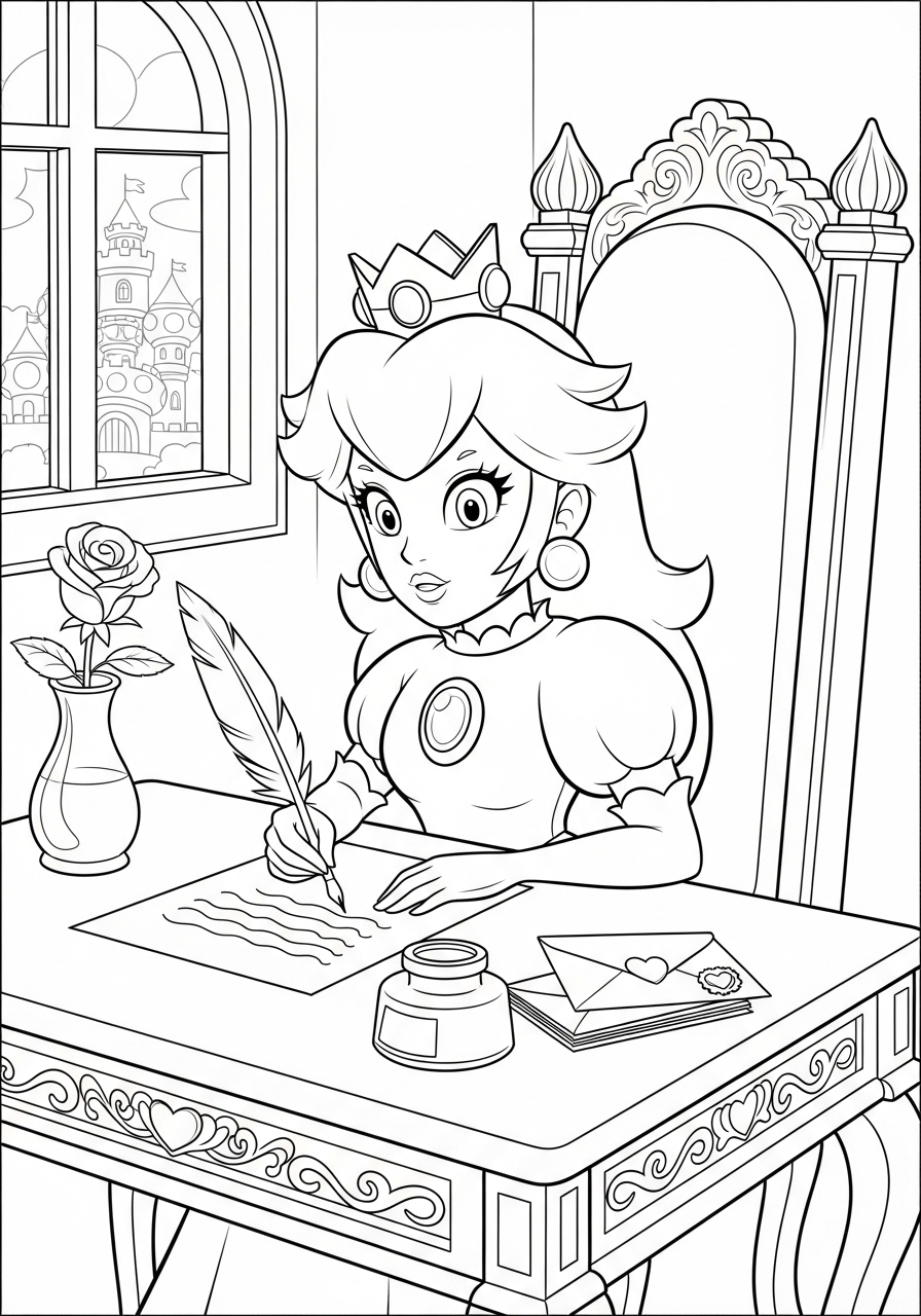 Desenho da Princesa Peach escrevendo uma carta para colorir
