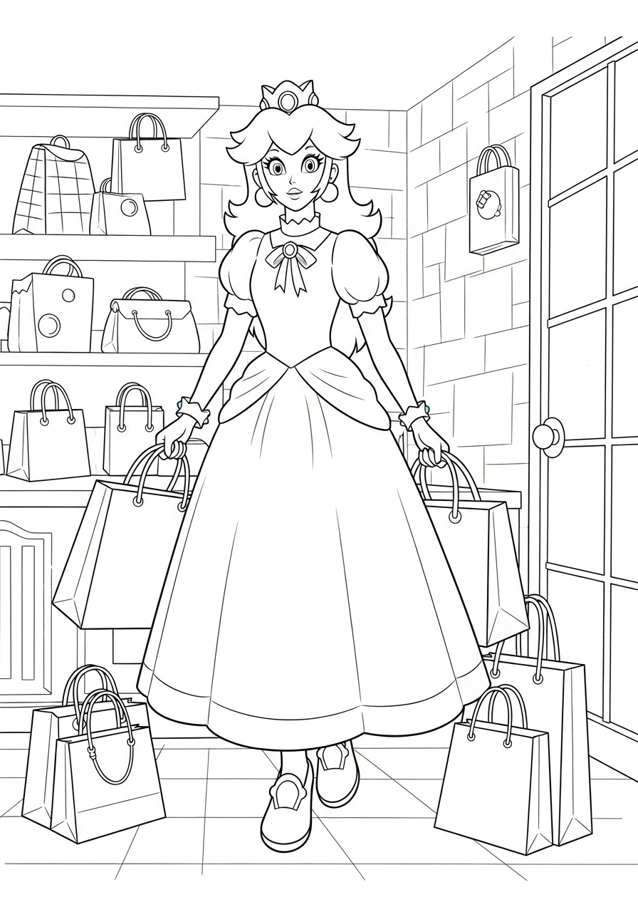 Desenho da Princesa Peach segurando sacolas para colorir