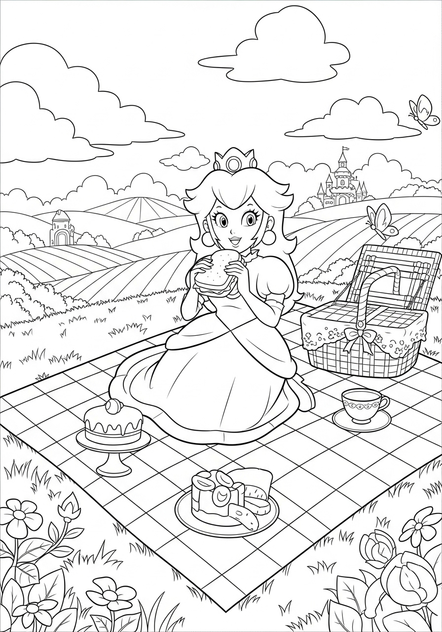 Desenho da Princesa Peach fazendo um piquenique para colorir