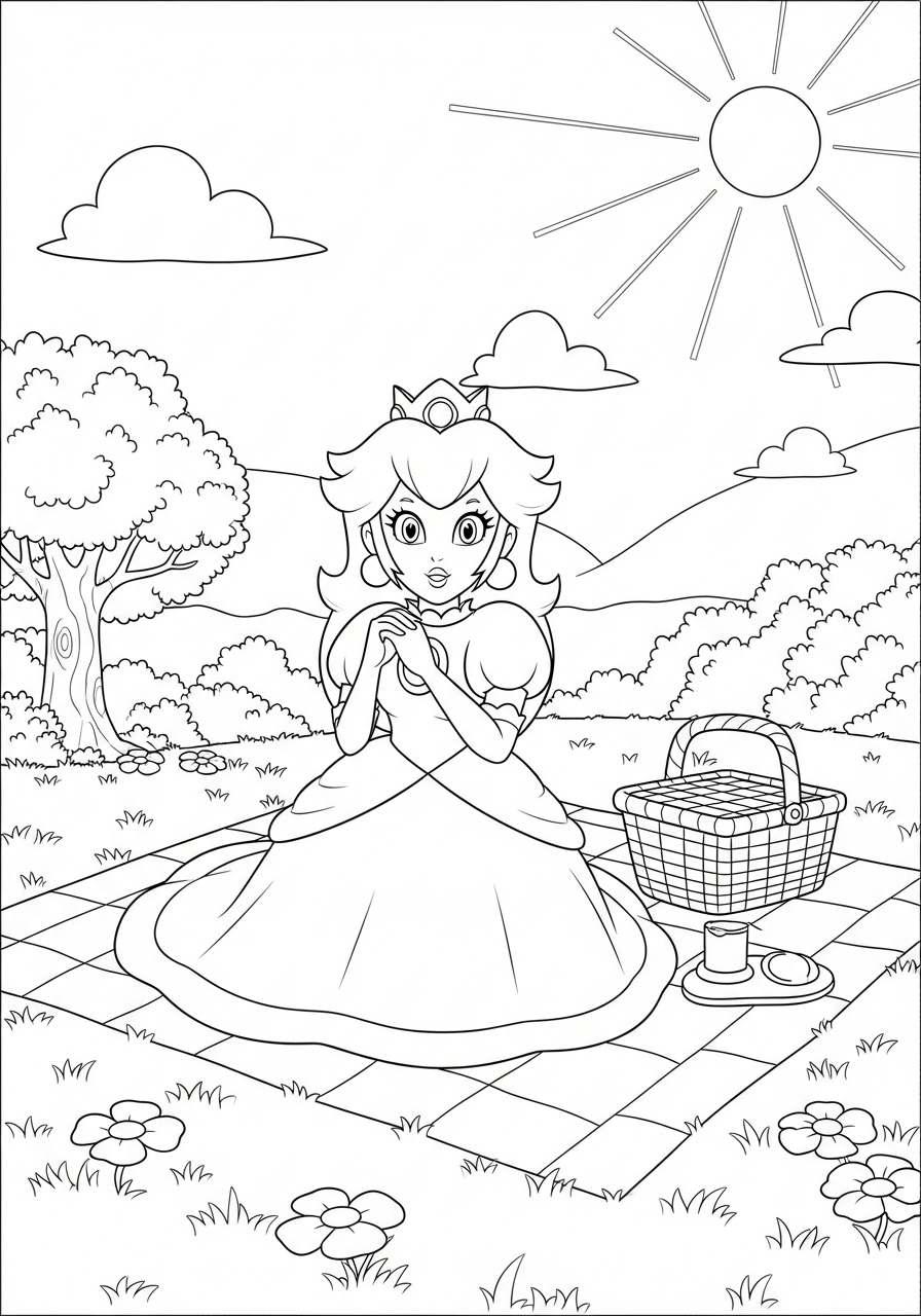 Desenho da Princesa Peach sentada em um piquenique para colorir