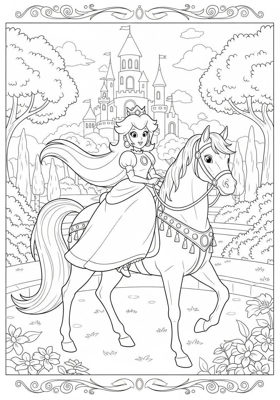 Desenho da Princesa Peach montada em cavalo para colorir