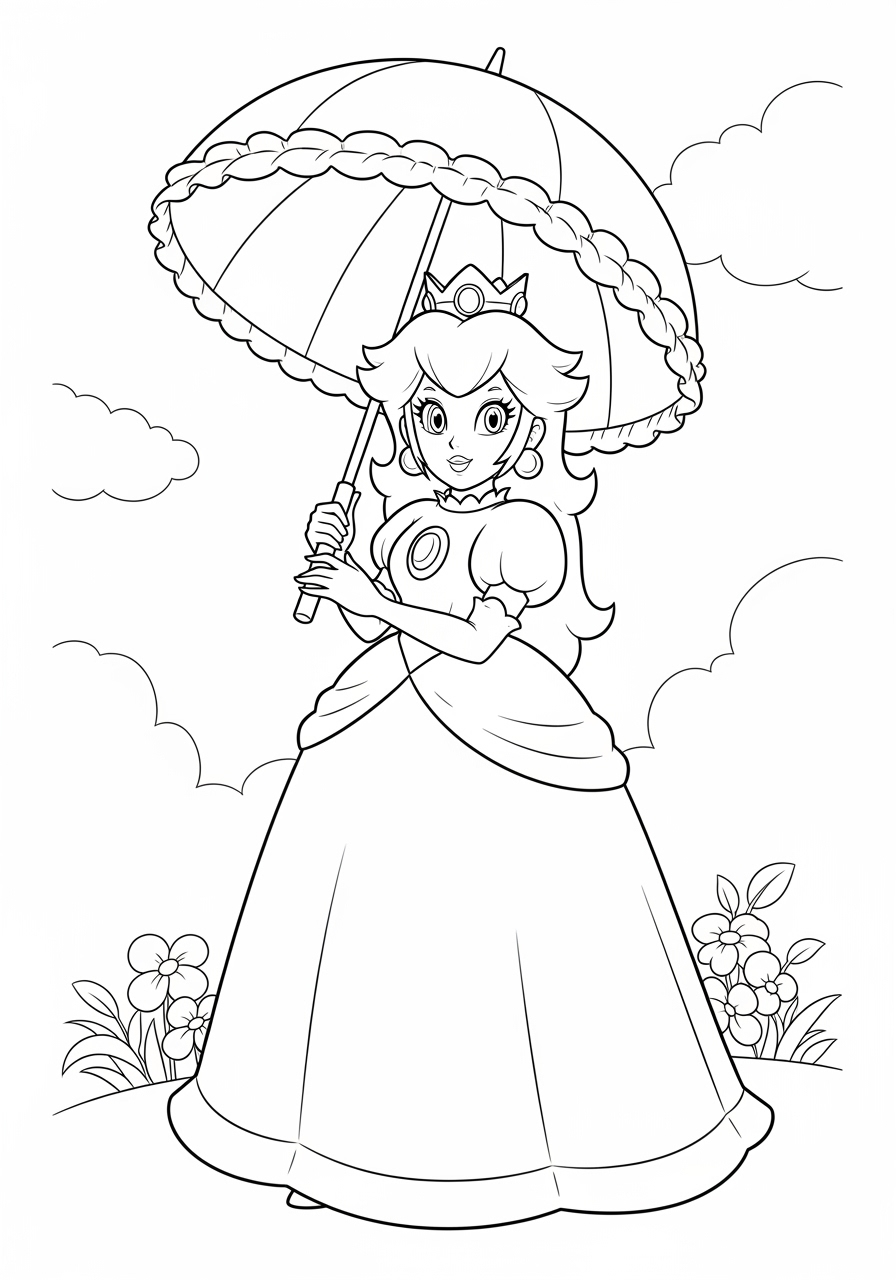 Desenho da Princesa Peach segurando um guarda-chuva para colorir