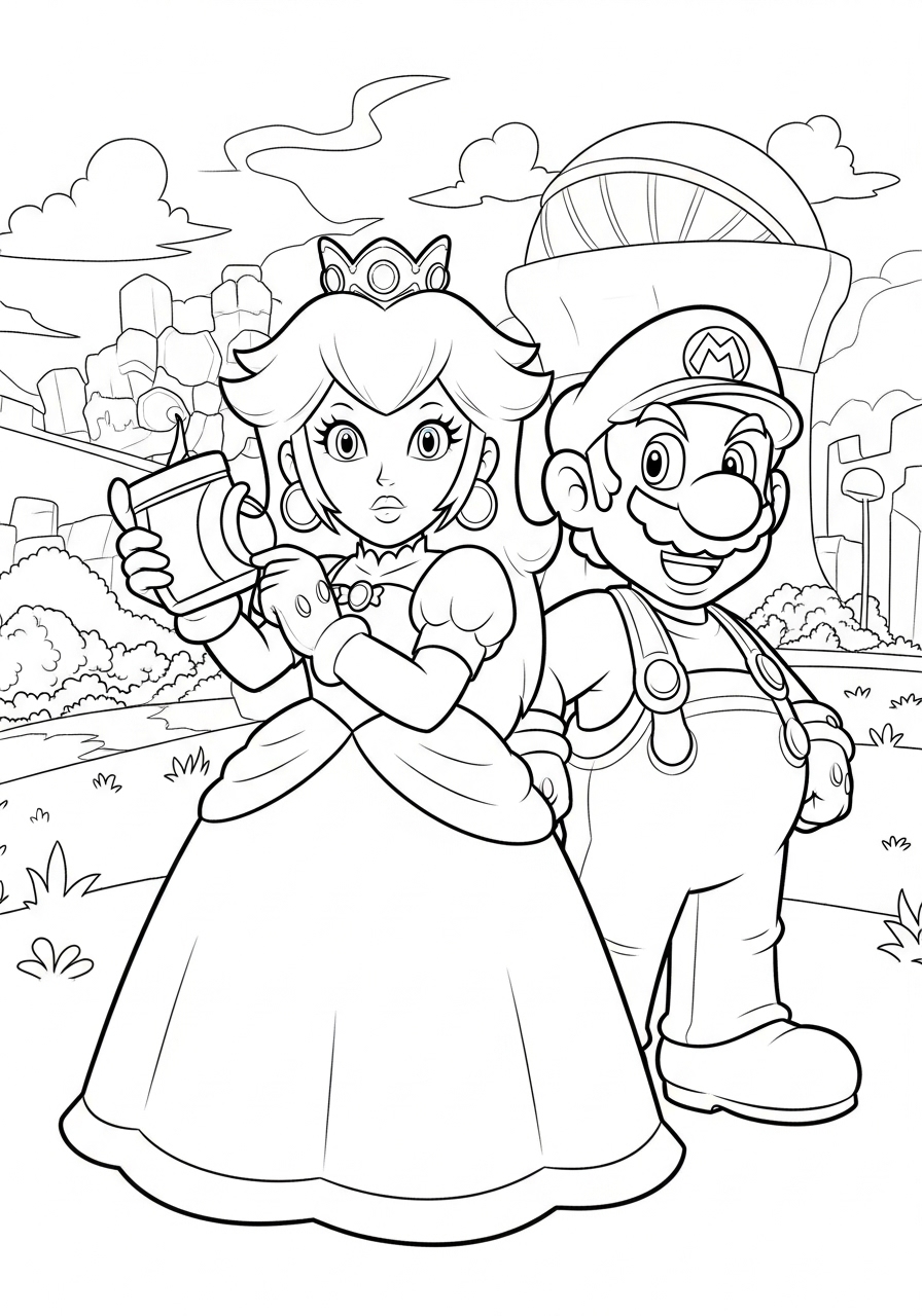 Desenho da Princesa Peach com Mario para colorir