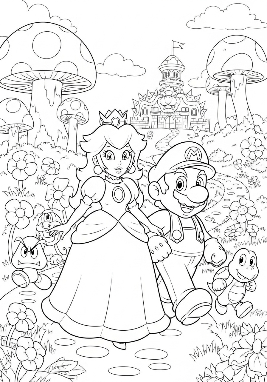 Desenho da Princesa Peach caminhando com Mario para colorir