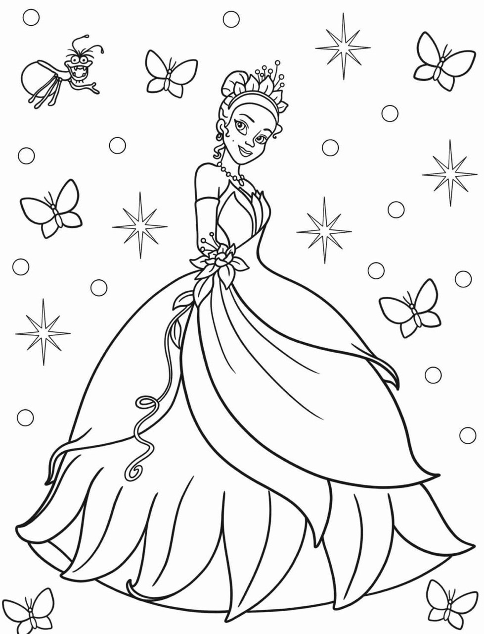 Desenho da Princesa da Disney Tiana com borboletas para colorir