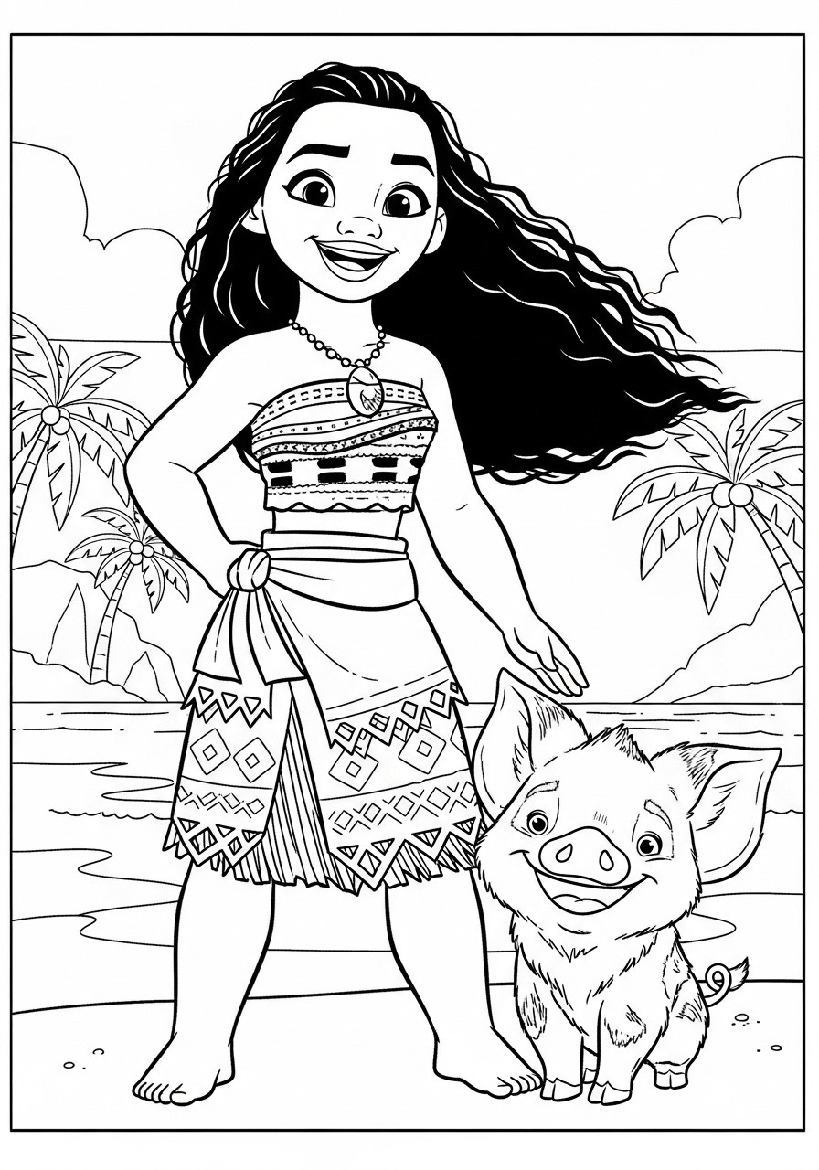 Desenho da Princesa da Disney Moana com o porquinho para colorir