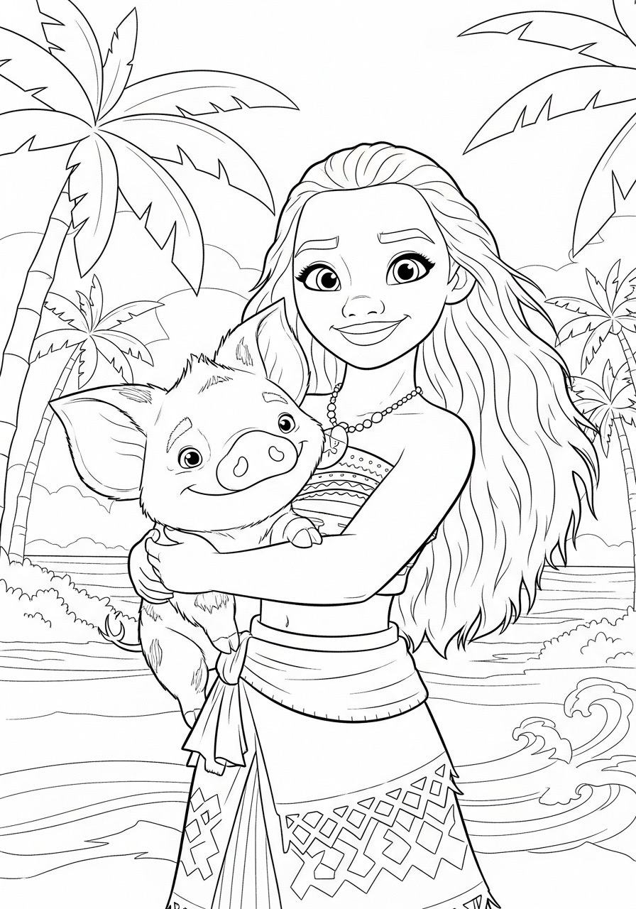 Desenho da Princesa da Disney Moana com um porquinho para colorir