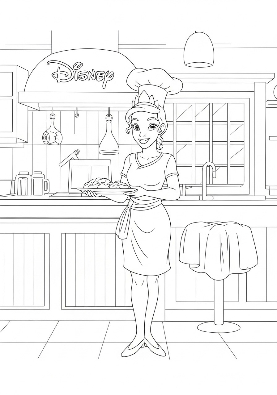 Desenho da Princesa da Disney Tiana na cozinha para colorir