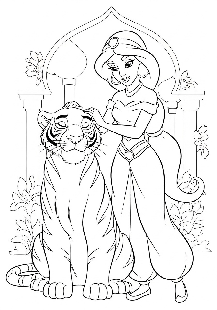 Desenho da Princesa da Disney Jasmine com um tigre para colorir