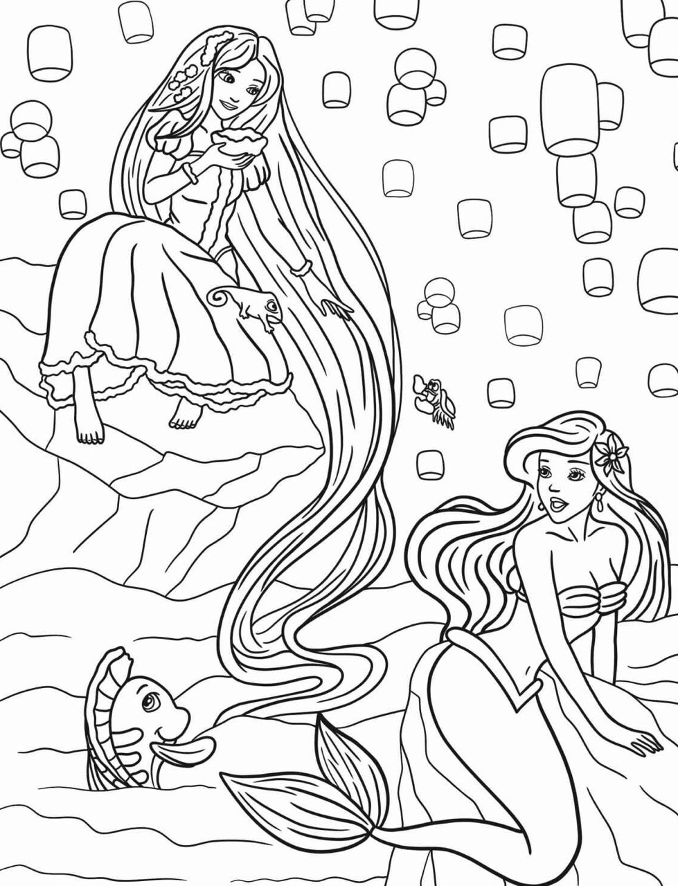 Desenho da Princesa da Disney Rapunzel e Ariel para colorir