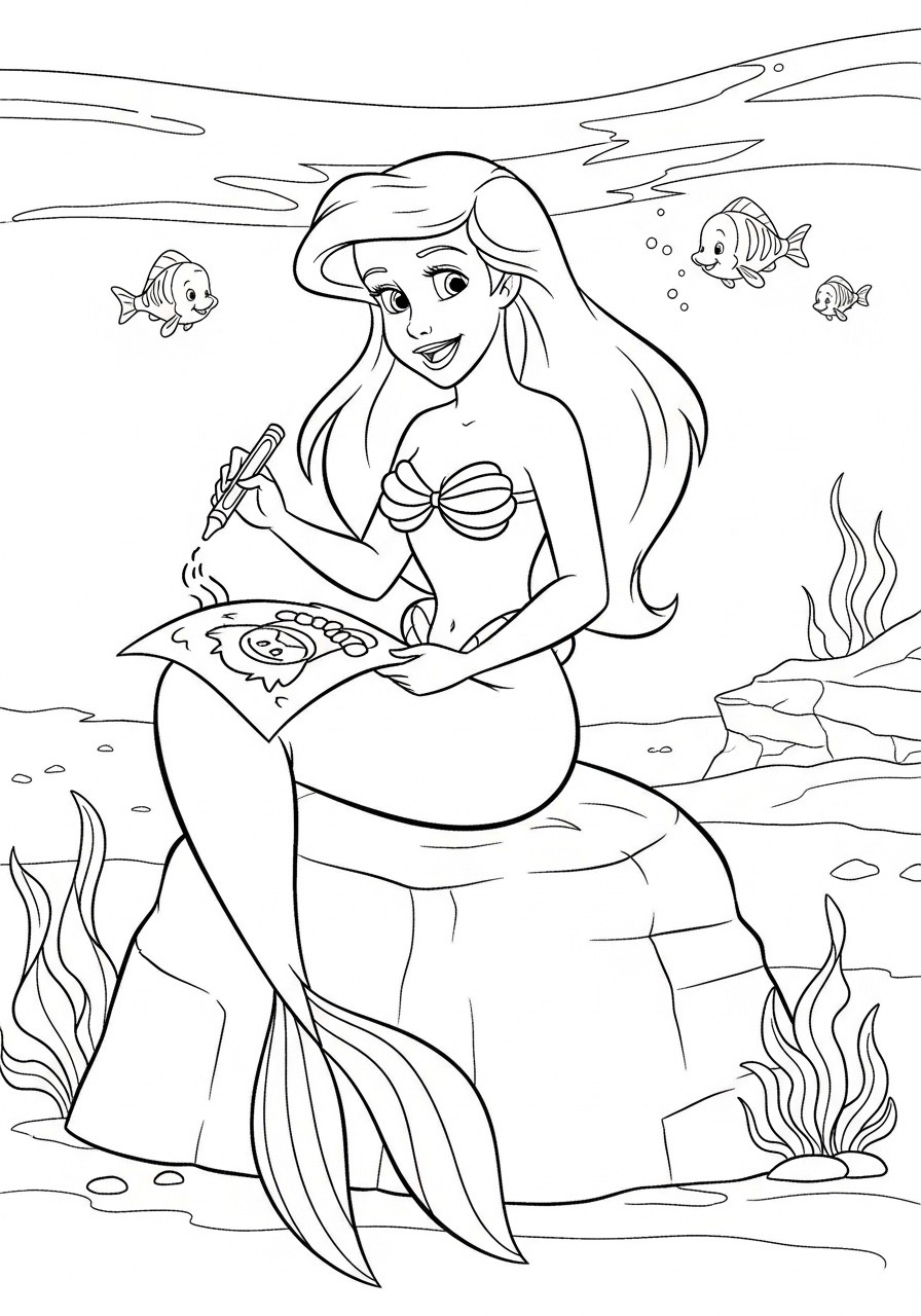 Desenho da Princesa da Disney Ariel em um cenário subaquático