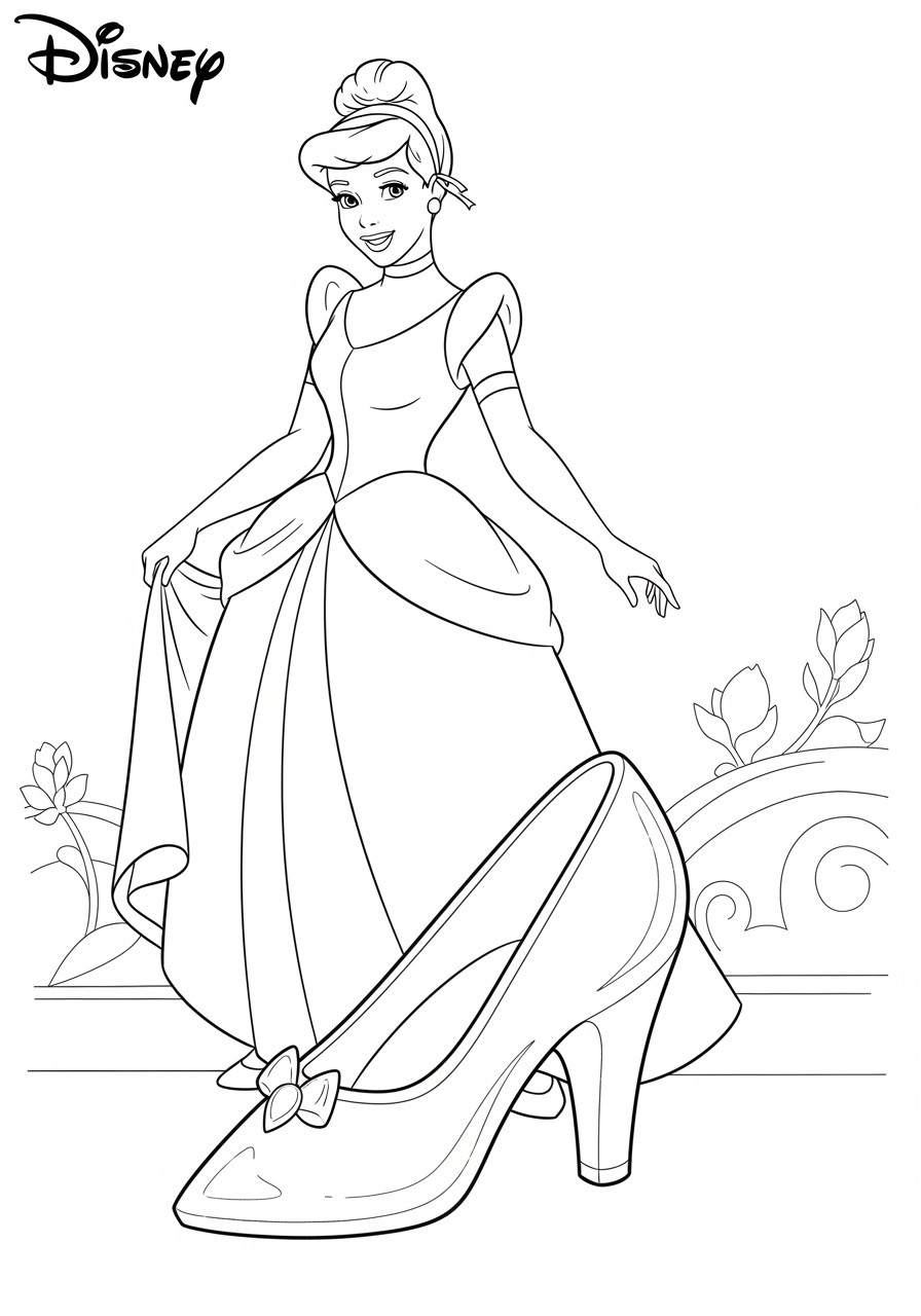 Desenho da Princesa da Disney Cinderela e seu sapato para colorir