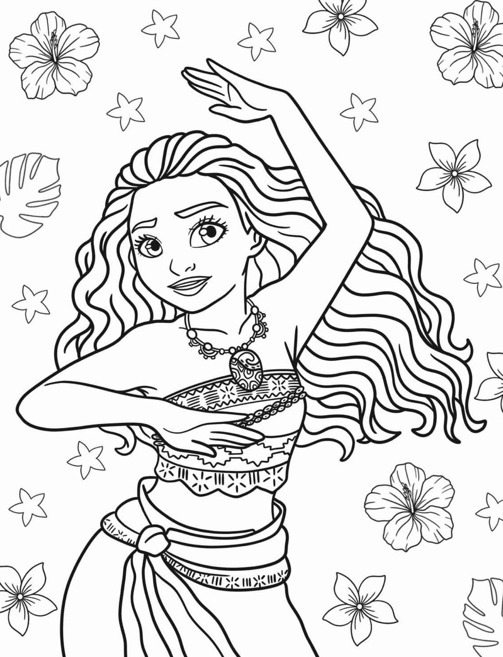 Desenho da Princesa da Disney Moana dançando entre flores para colorir