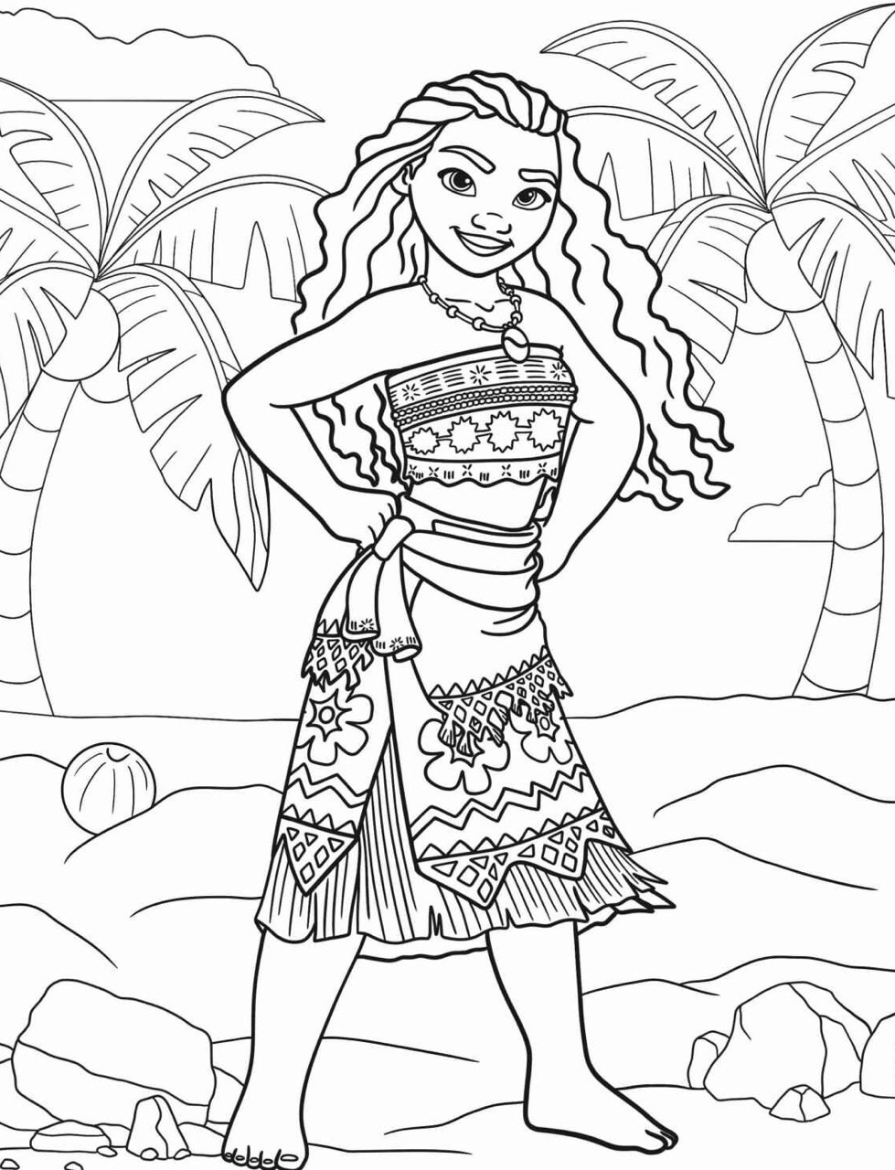 Desenho da Princesa da Disney Moana em cenário tropical para colorir