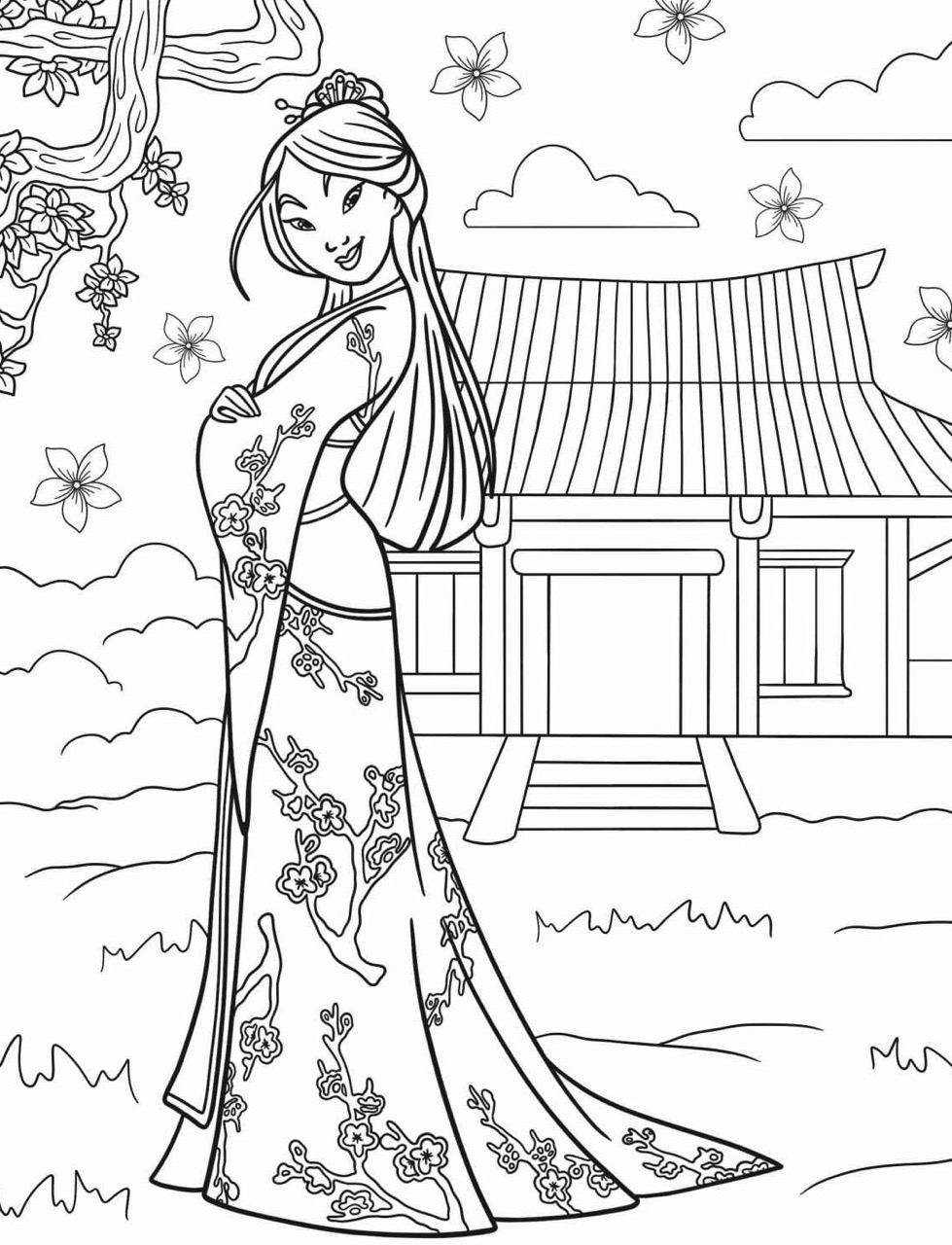 Desenho da Princesa Mulan em um vestido tradicional para colorir