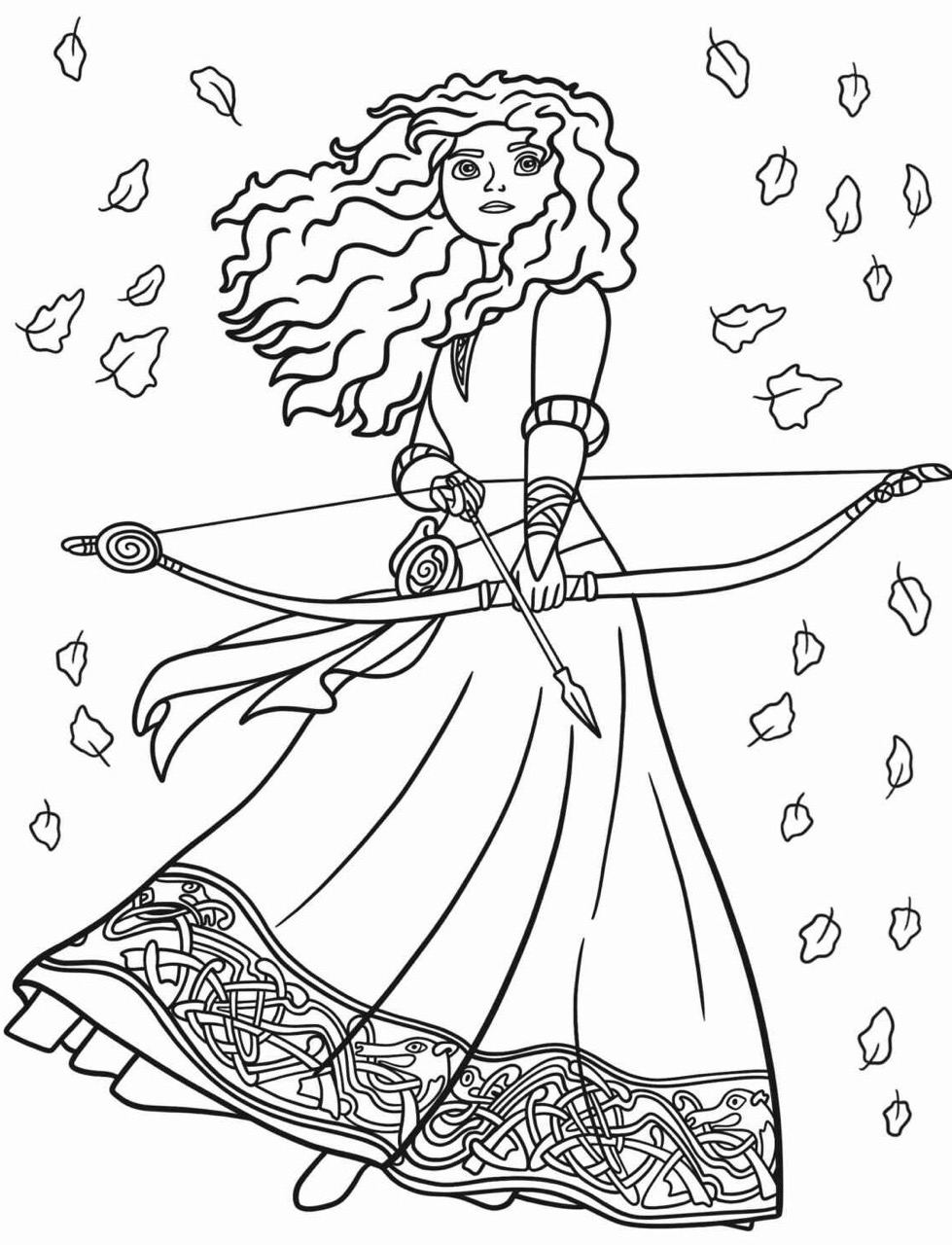 Desenho da Princesa da Disney Mérida com arco e flecha para colorir