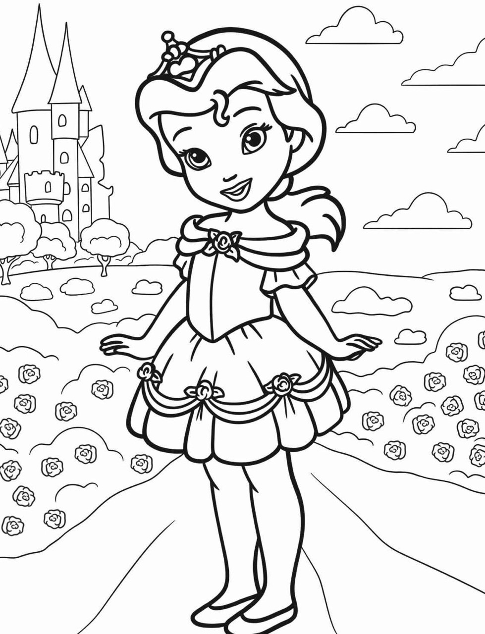Desenho da Princesa Bela da Disney com castelo para colorir