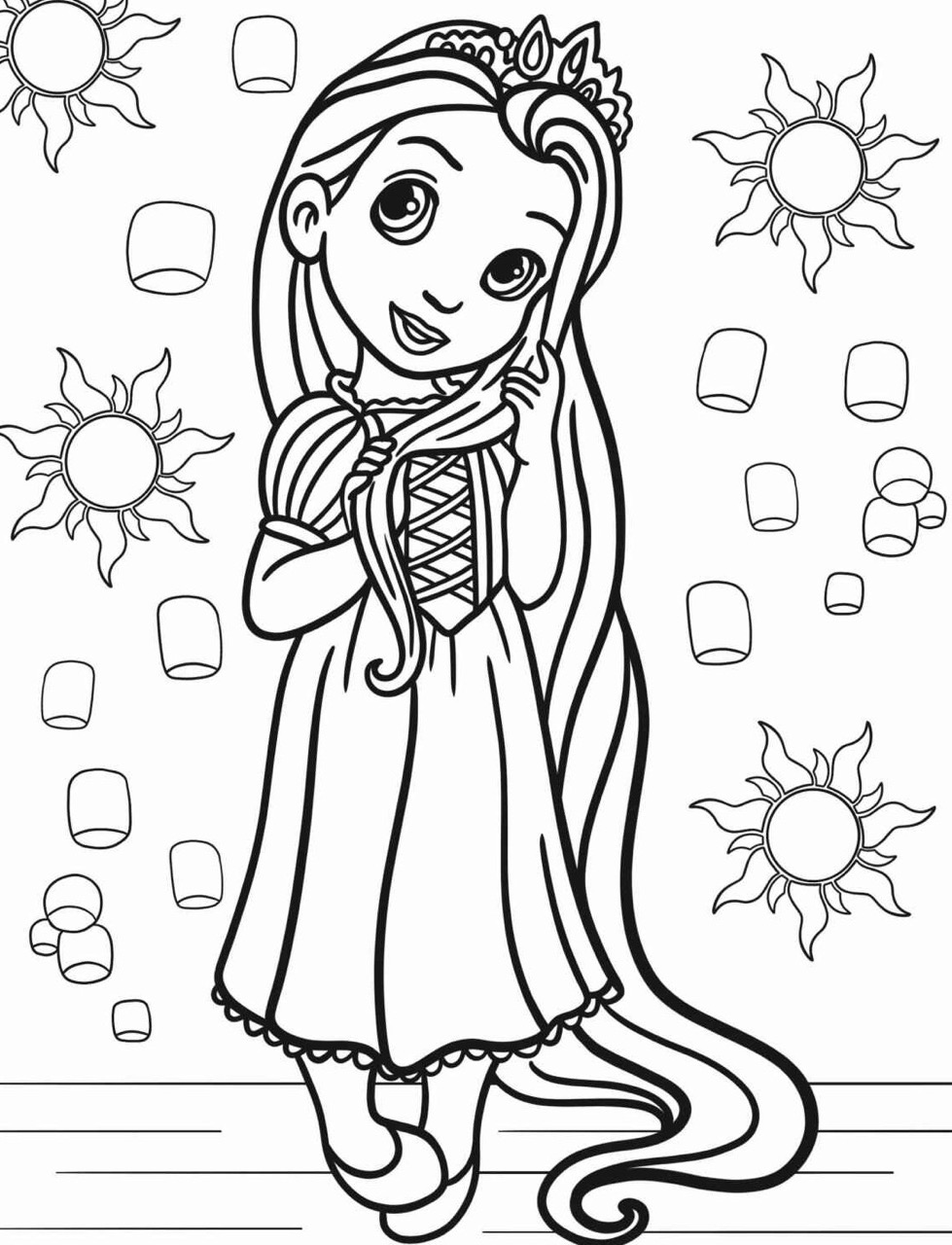 Desenho da Princesa da Disney Rapunzel com sol para colorir