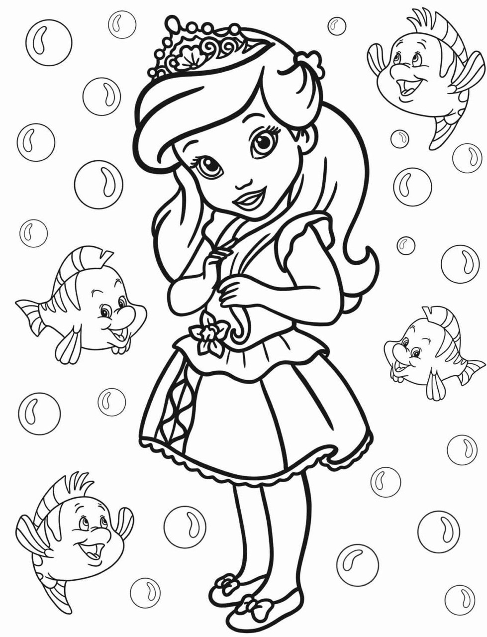 Desenho da Princesa da Disney Ariel com peixes para colorir