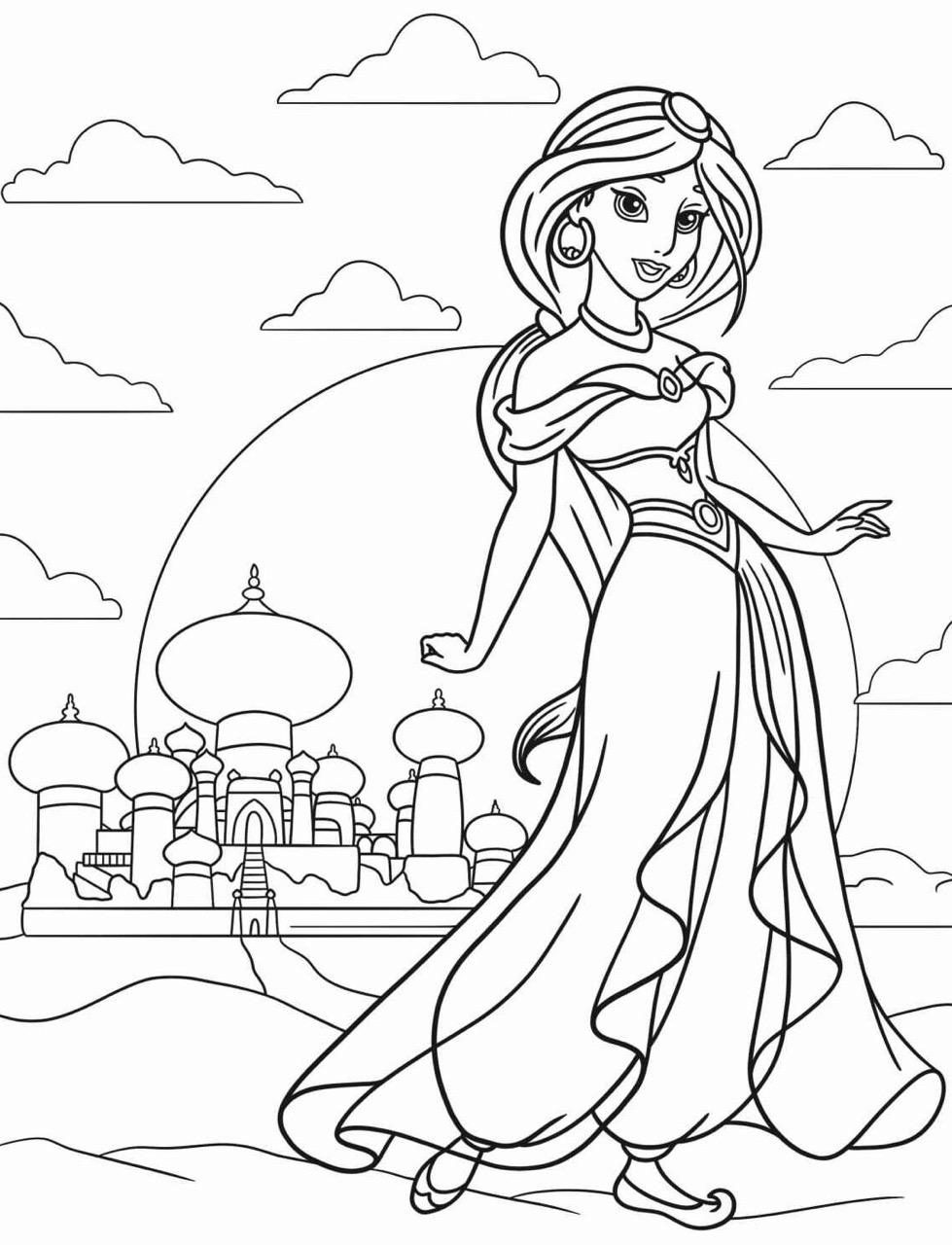 Desenho da Princesa da Disney Jasmine com palácio para colorir