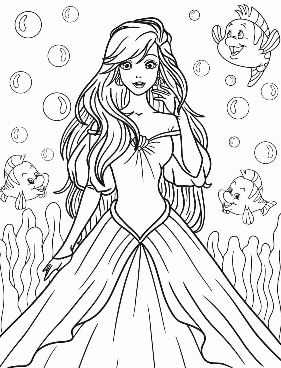 Desenho da Princesa da Disney Ariel com peixes para colorir