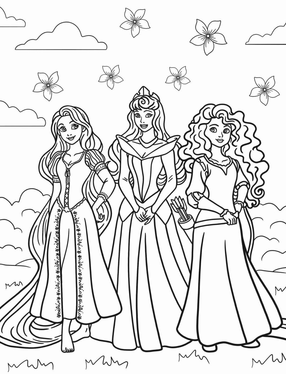Desenho das Princesas da Disney Rapunzel Aurora e Mérida para colorir