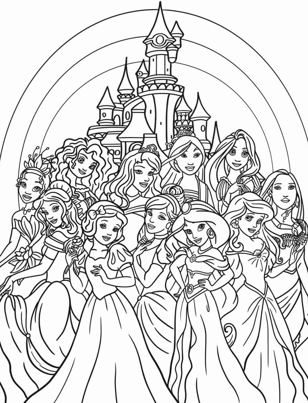 Desenho das Princesas da Disney em frente ao castelo para colorir