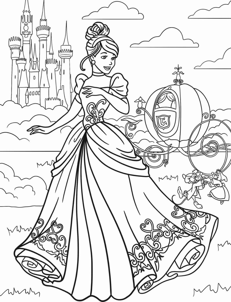 Desenho da Princesa da Disney Cinderela com seu castelo para colorir