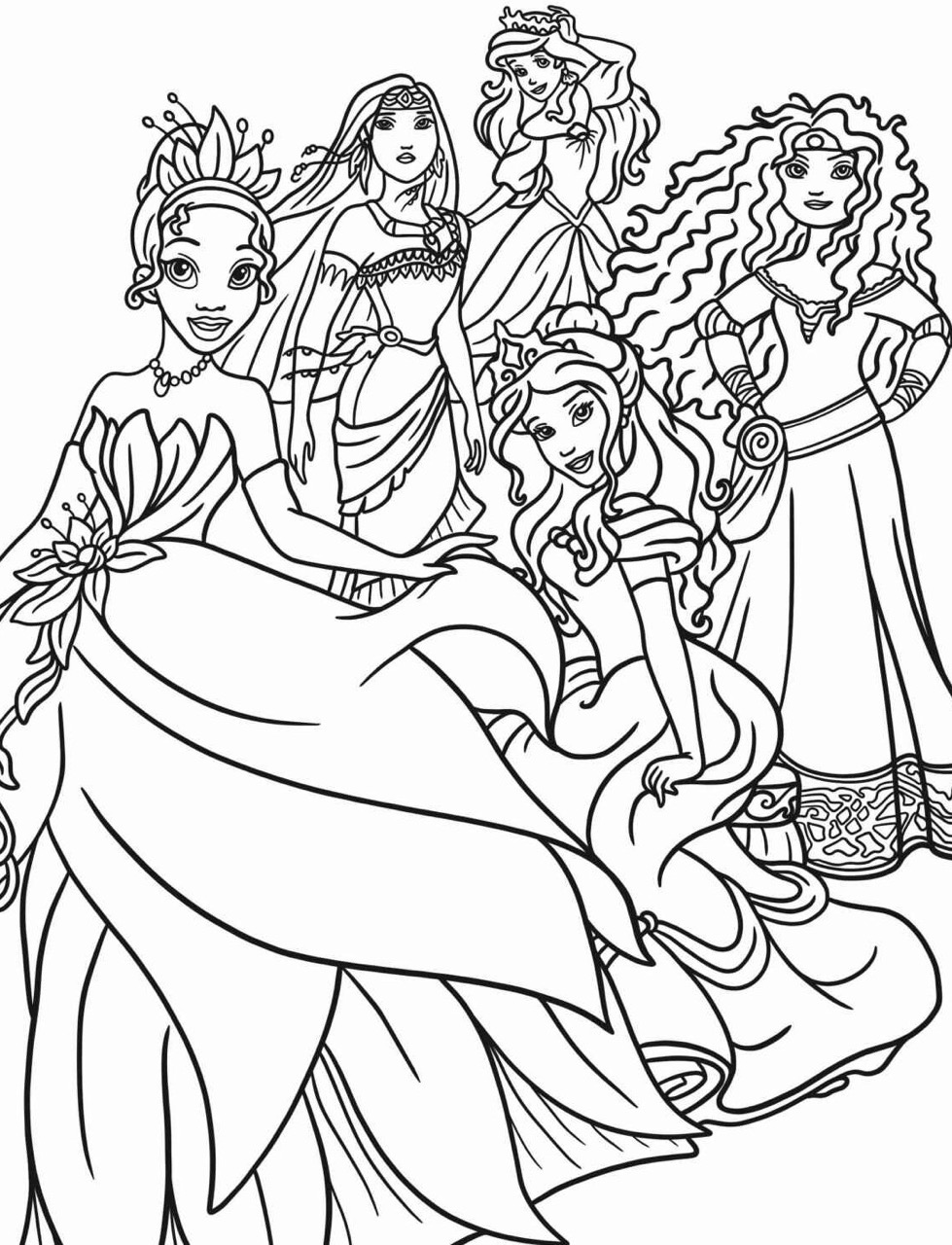 Desenho das Princesas da Disney para colorir com cinco personagens