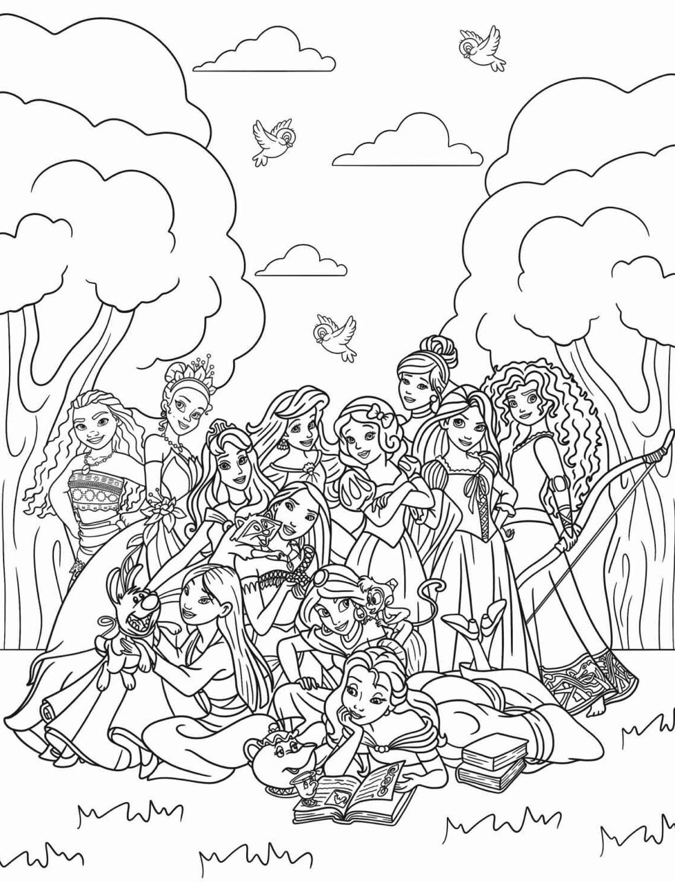 Desenho de várias Princesas da Disney para colorir