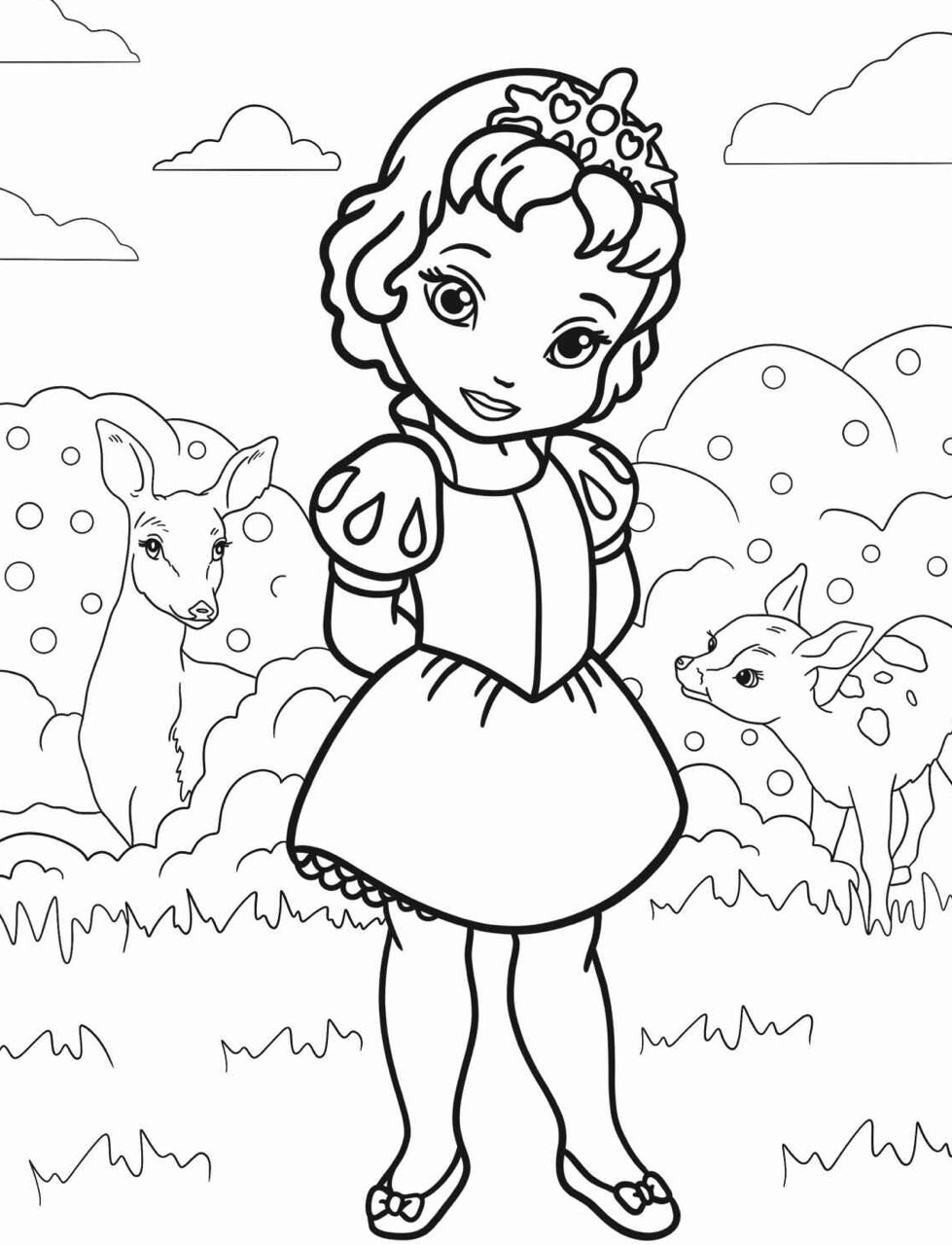 Desenho da Princesa da Disney Branca de Neve com animais para colorir