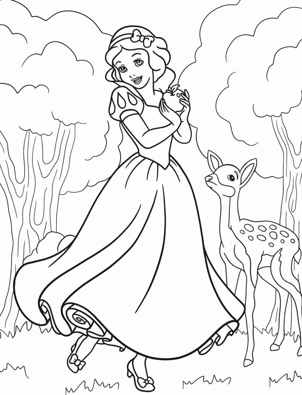 Desenho da Princesa Branca de Neve com cervo para colorir