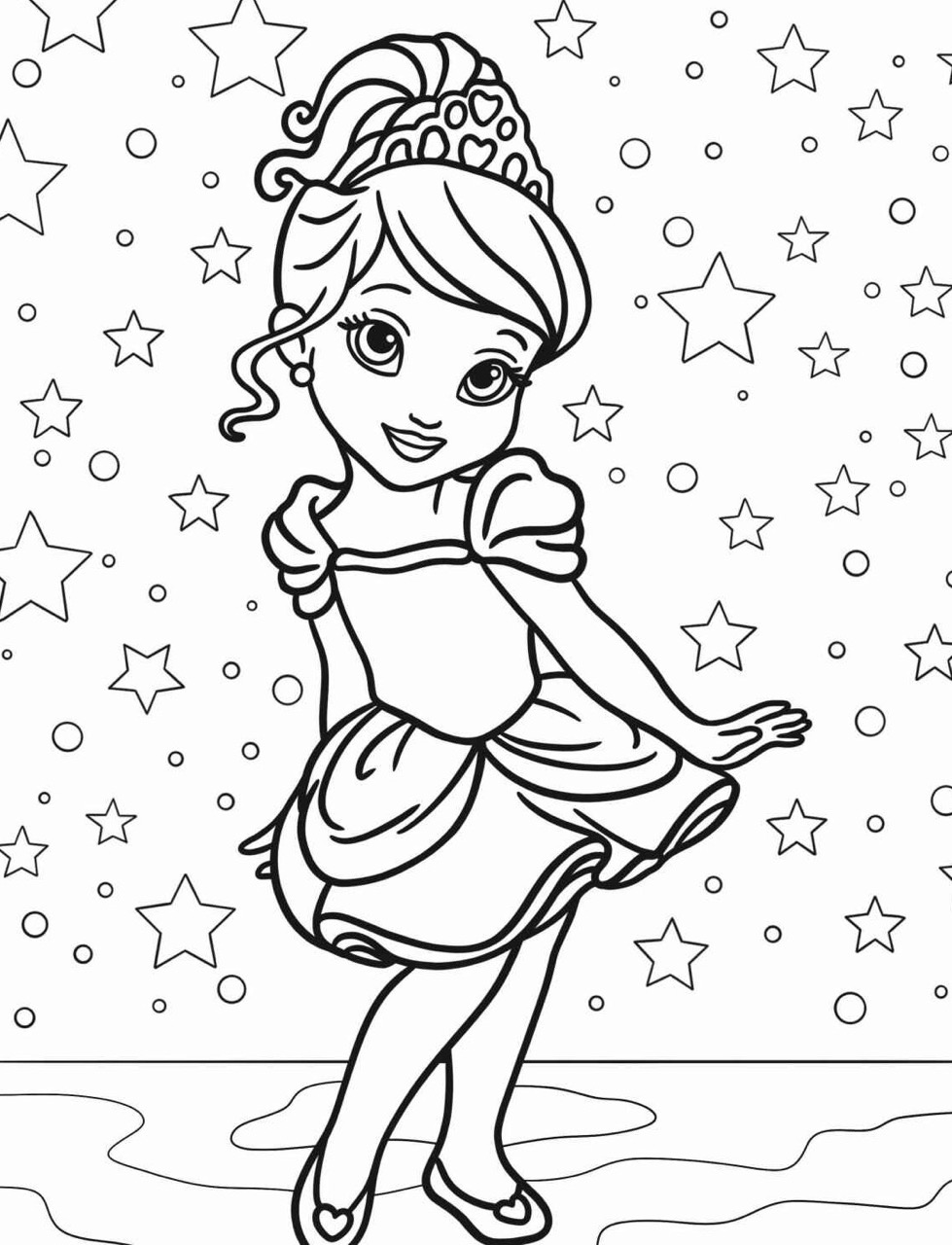 Desenho da Princesa da Disney com vestidos e estrelas para colorir